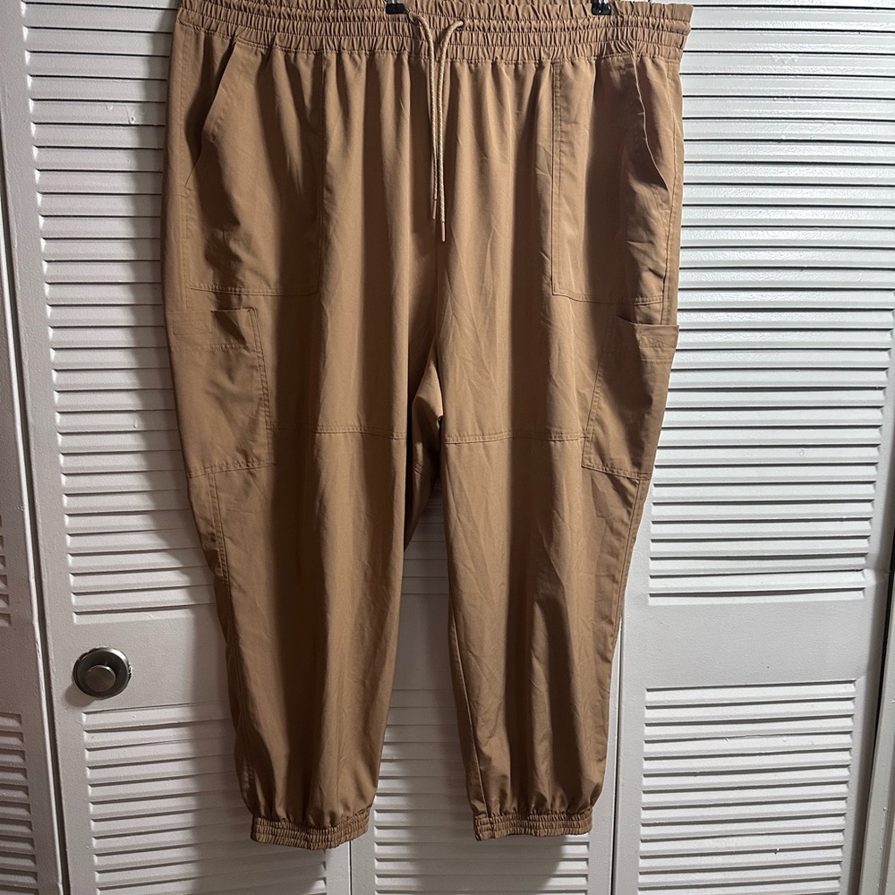 Tan Track Pants with Elastic Waistband and Tapered Ankles